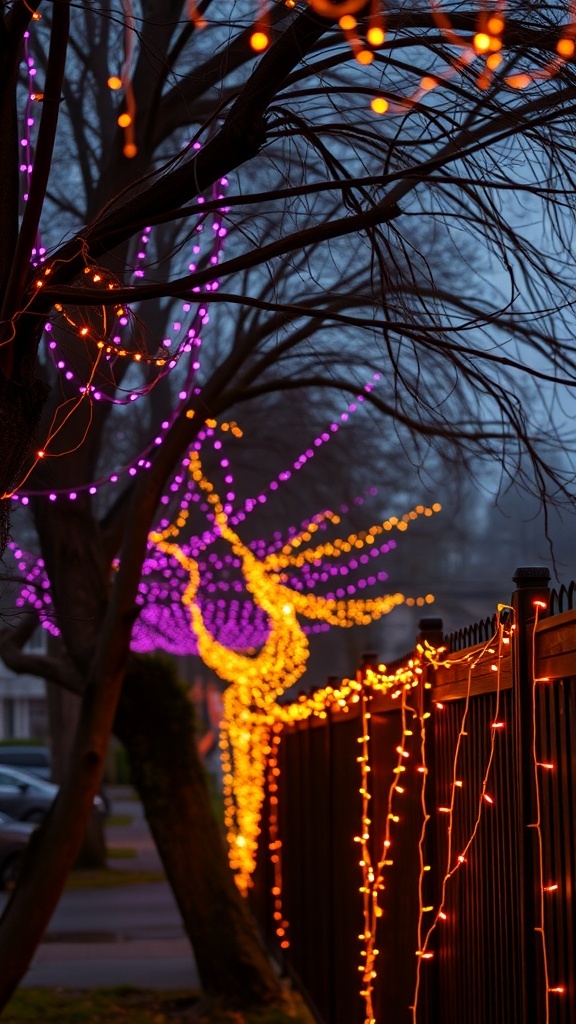 Colorful string lights in trees and along a fence, creating a festive Halloween atmosphere.