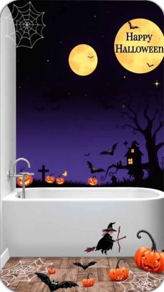 Halloween themed bath mat with pumpkins, bats, and a witch