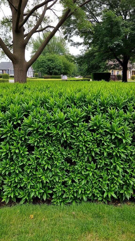 A lush green hedge barrier with trees in the background.