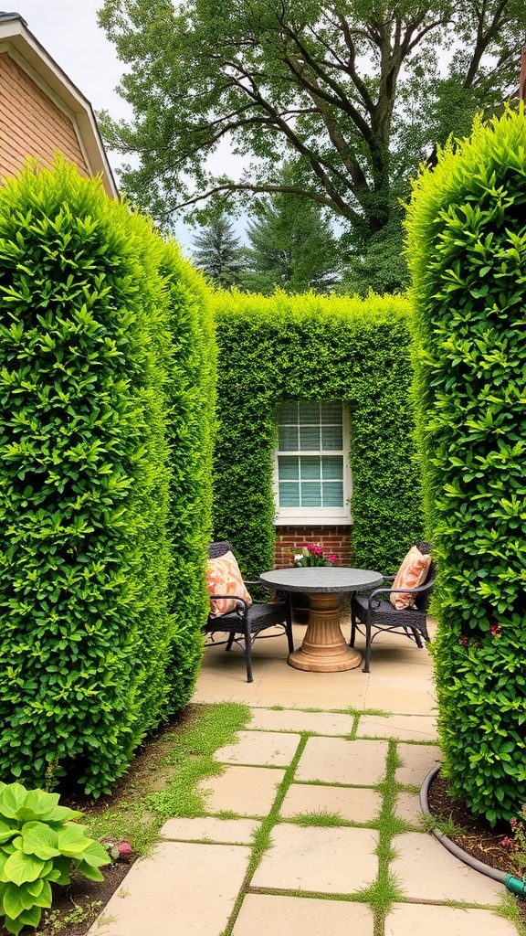 A cozy outdoor seating area surrounded by tall, lush hedges.