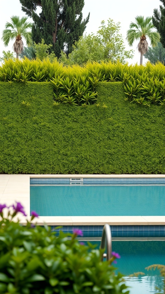 A serene pool area surrounded by tall green hedges for privacy.