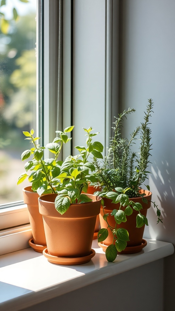 A sunny windowsill with potted herbs including basil, rosemary, and mint.