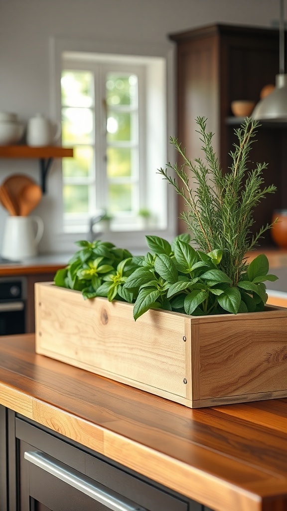 A wooden herb planter box filled with fresh herbs on a kitchen island.