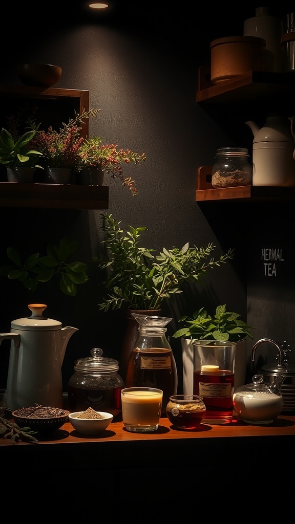 A dark cottagecore kitchen corner featuring various herbal teas and infusions with plants and jars.