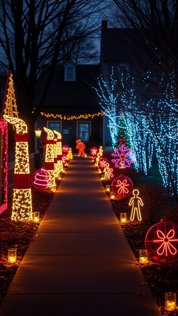 Colorful outdoor Christmas pathway lights illuminating a walkway.