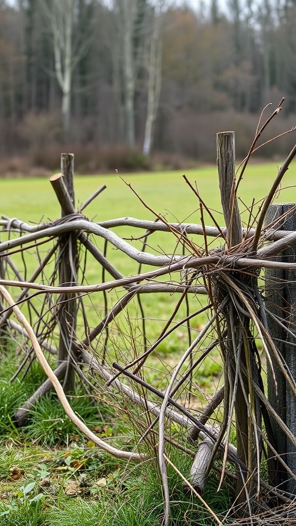 A rustic hurdle fence made from branches and twigs, surrounded by grass and trees.