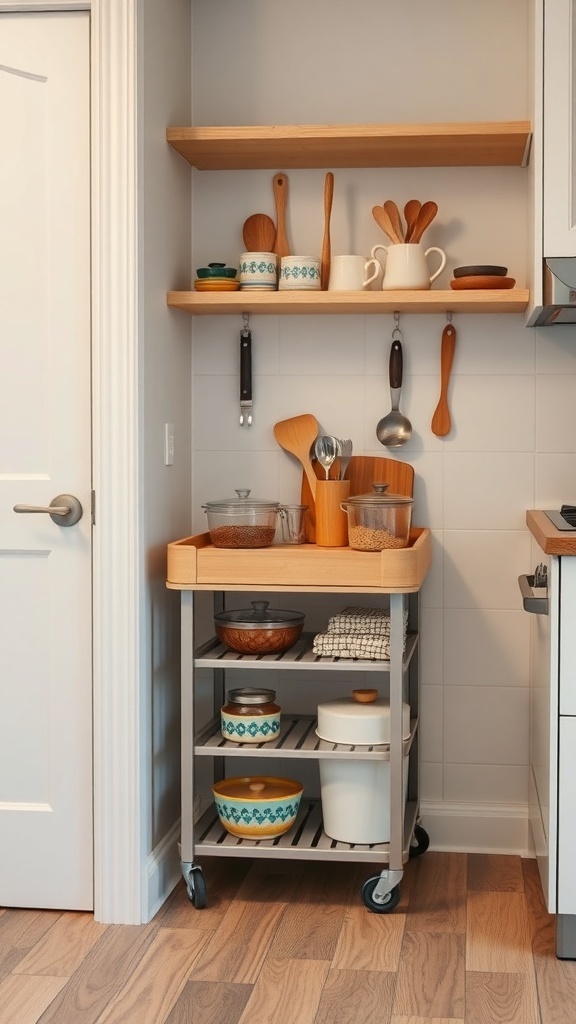 A small kitchen featuring a rolling cart with various kitchen utensils and containers.