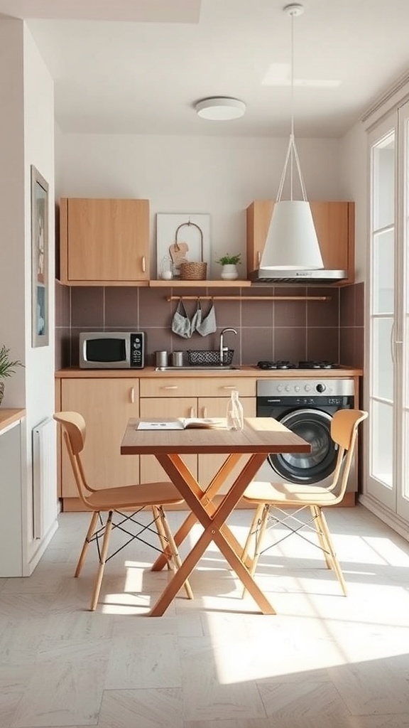 A small kitchen featuring foldable furniture and organized space.