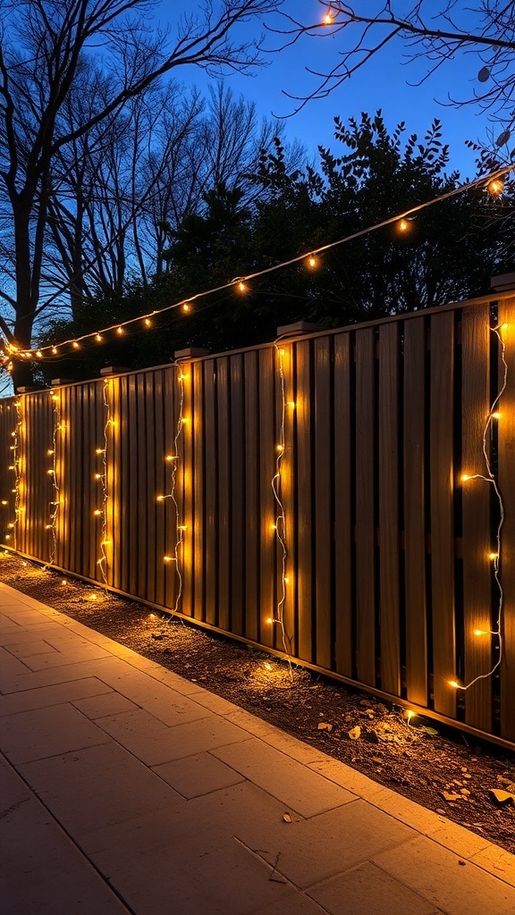 A DIY privacy fence adorned with warm string lights in the evening.
