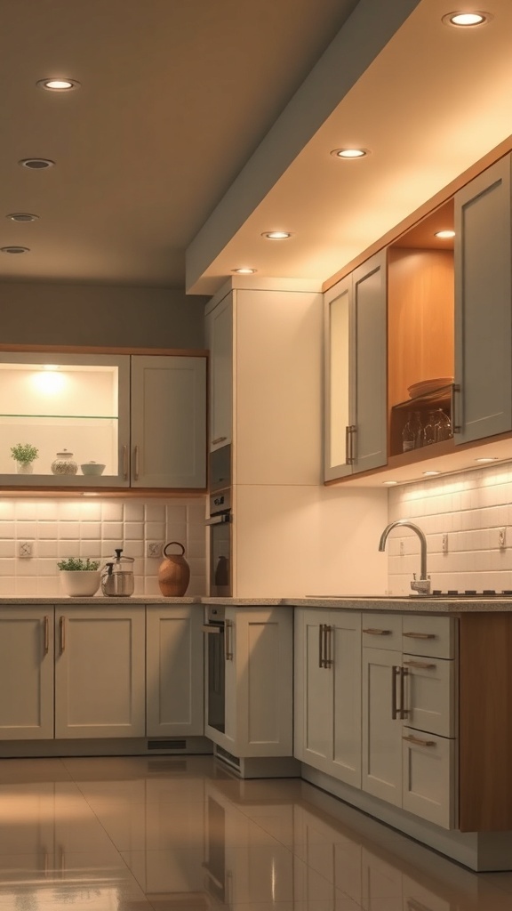 A modern kitchen with well-lit cabinets and under-cabinet lighting.