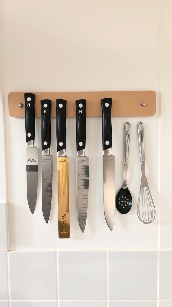 A magnetic strip holding various kitchen knives and tools on a wall.