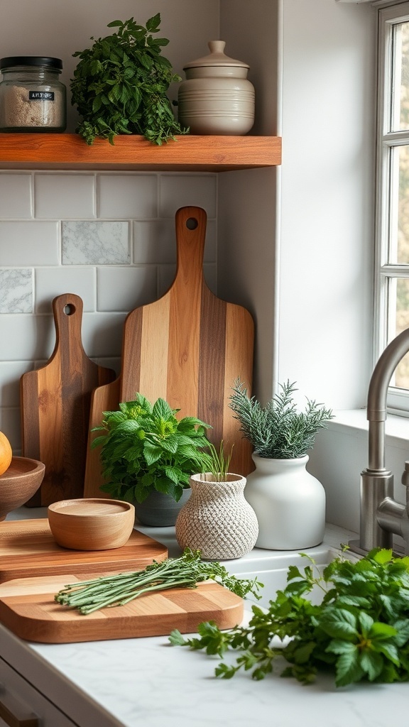 A kitchen countertop with fresh herbs, wooden cutting boards, and bowls.