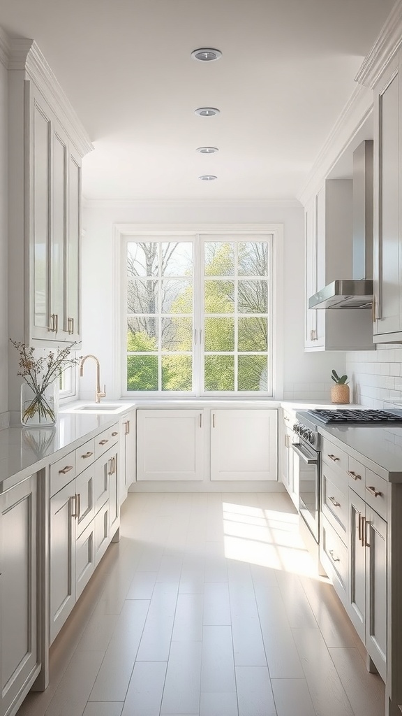 Bright kitchen with white cabinets and large windows allowing natural light to fill the space.