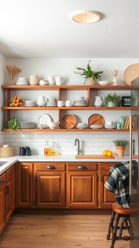 A kitchen with open shelving displaying dishes, plants, and decorative items.