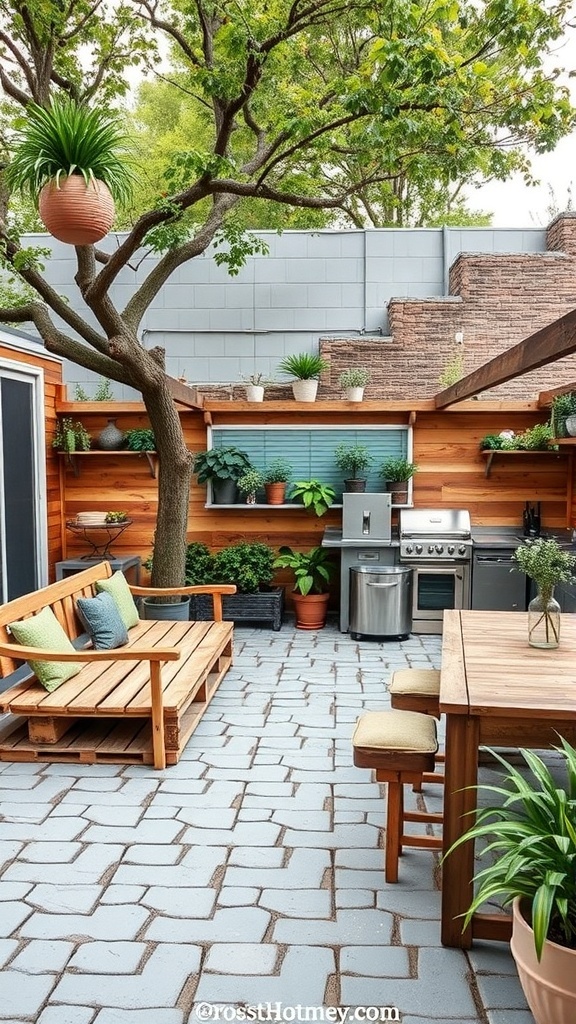 A cozy outdoor kitchen featuring repurposed furniture, plants, and a grill.