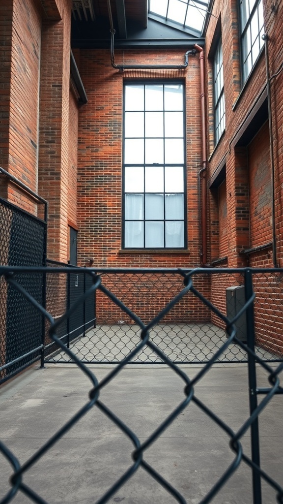 Interior view of a space with a black chain link fence and brick walls.