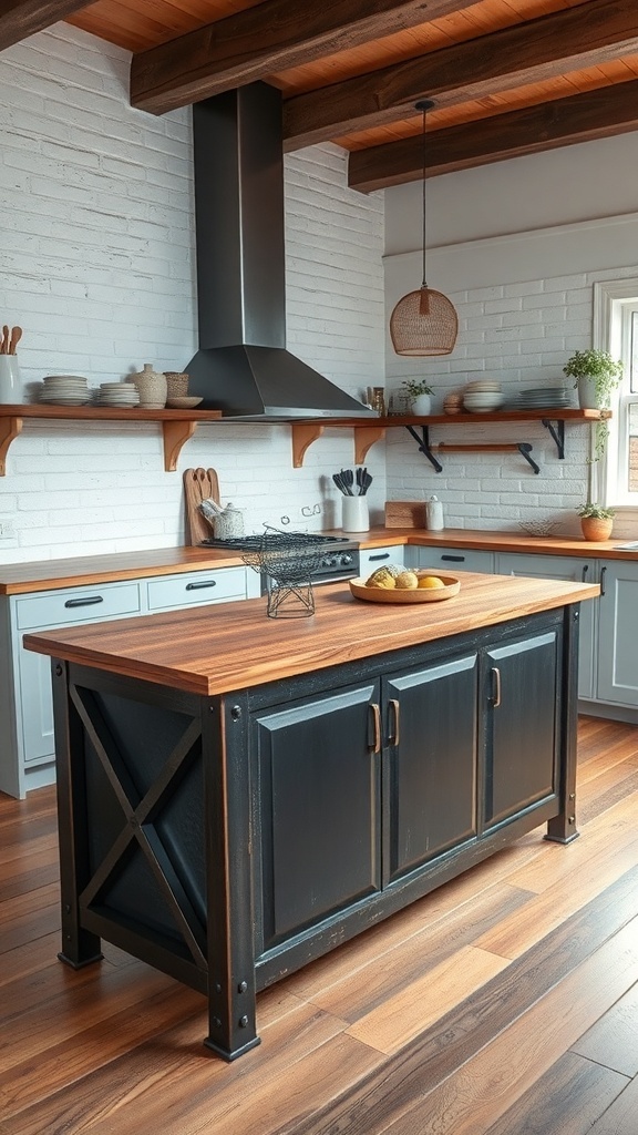 A stylish industrial kitchen island with a wooden top and black metal base.
