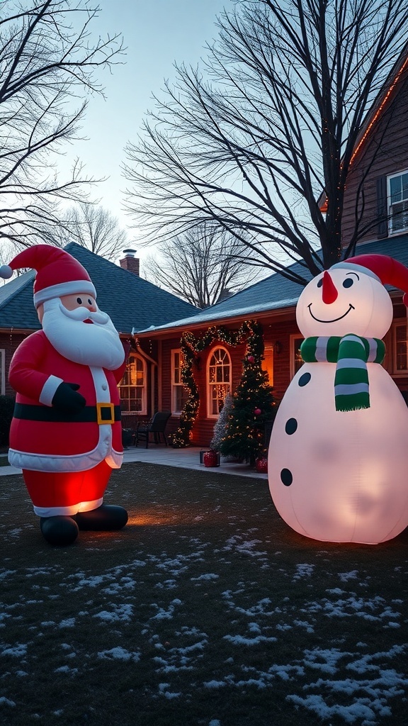 A large inflatable Santa Claus and snowman in a yard decorated for Christmas.