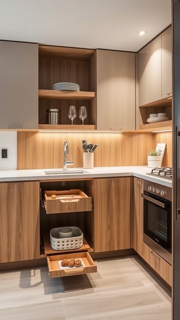 Modern kitchen cabinets with pull-out drawers and open shelving.