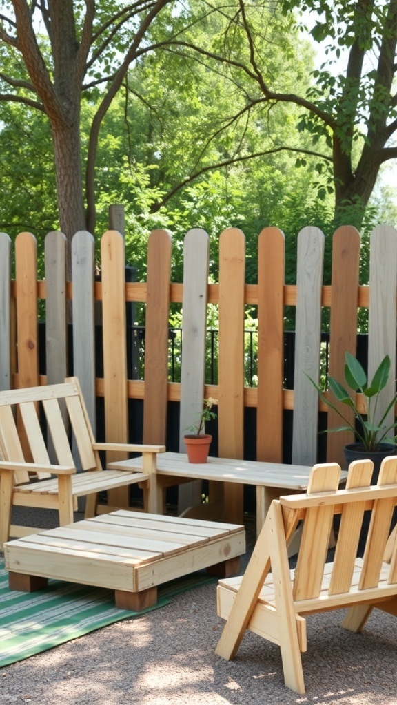A cozy outdoor seating area with pallet fence and wooden furniture.