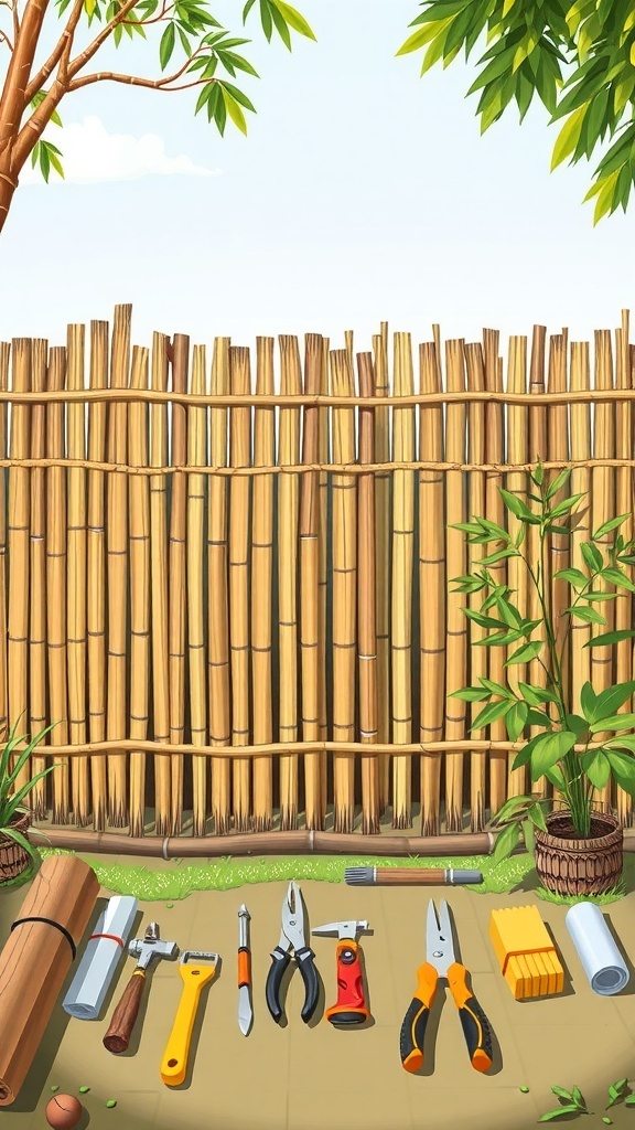 A bamboo fence with tools laid out for installation.