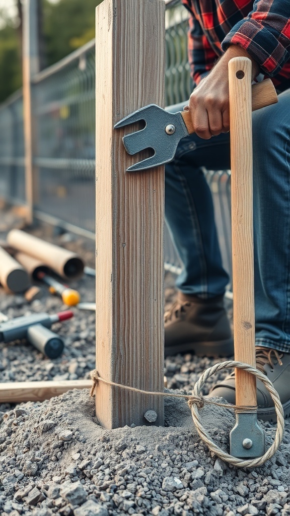 A person installing a fence post with a tool, surrounded by construction materials.