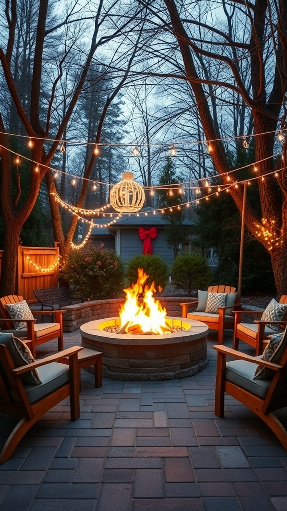 Cozy fire pit area with seating and string lights