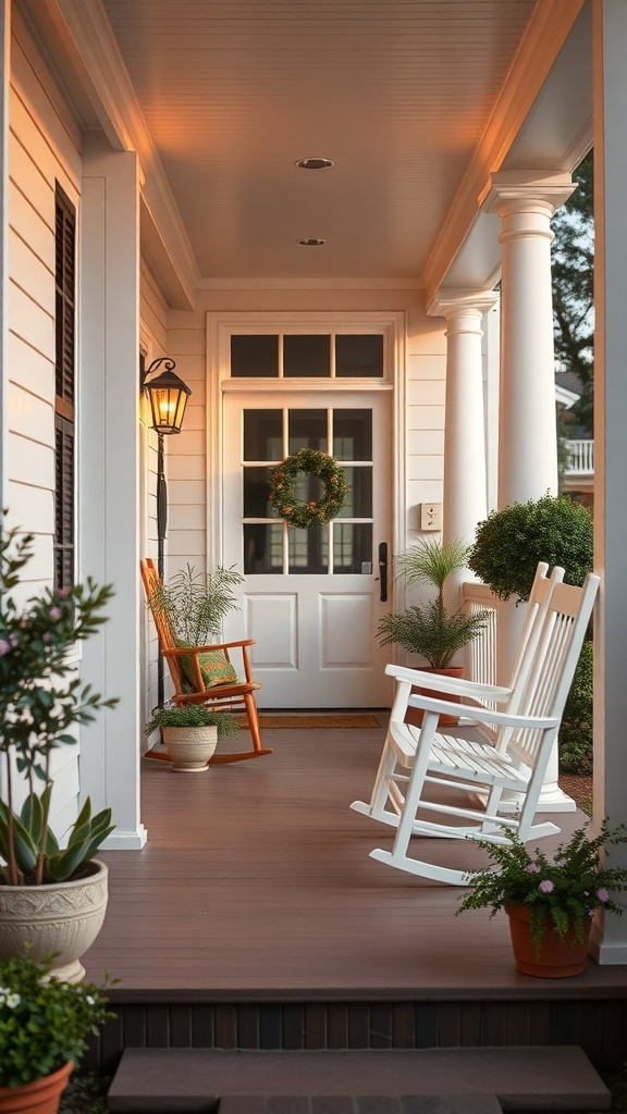 A cozy front porch with rocking chairs, potted plants, and a welcoming wreath on the door.