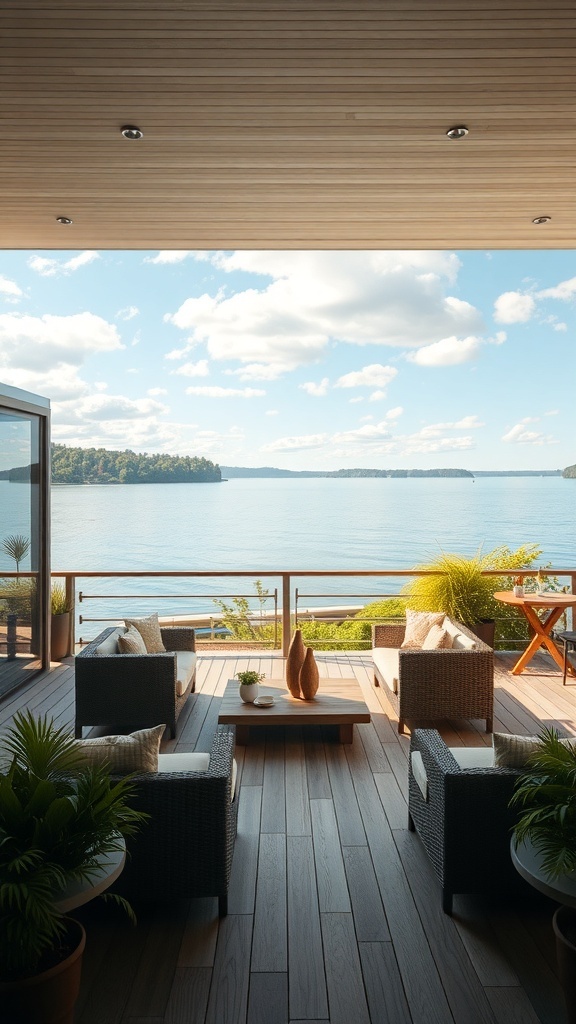 Cozy outdoor deck with seating and a view of the lake.