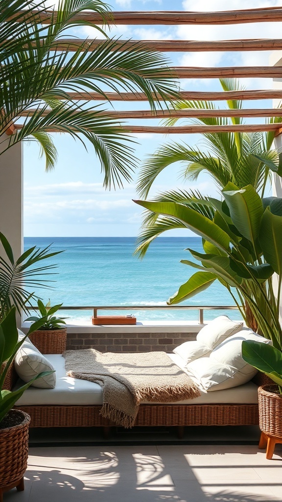 Cozy outdoor lounging area with a view of the ocean, featuring comfortable seating and tropical plants.