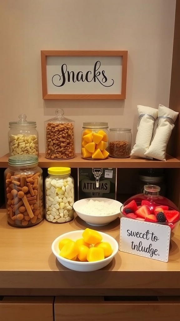 A cozy snack station with jars of snacks and a sign that says 'Snacks'.