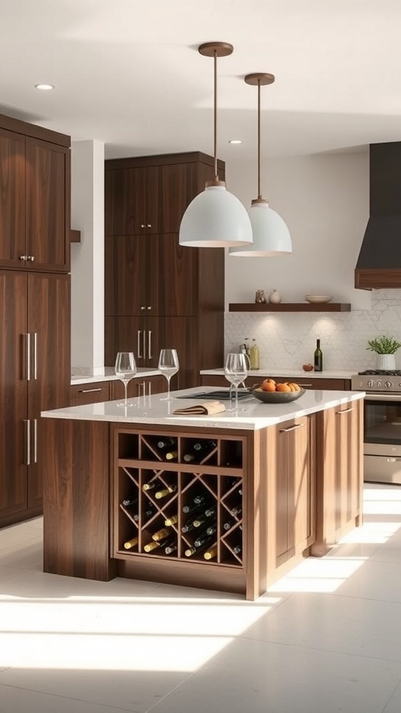 A modern kitchen island featuring a built-in wine rack, surrounded by stylish decor and lighting.