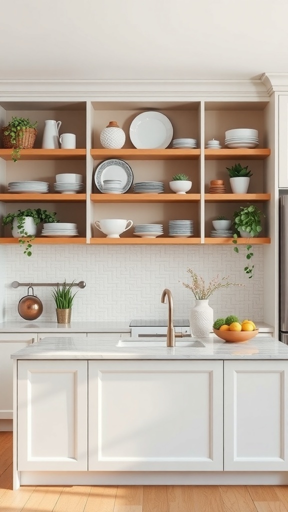 A kitchen island featuring open shelving with plates, bowls, and plants.