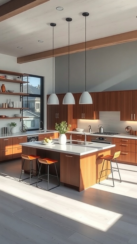 A modern L-shaped kitchen island with wooden cabinetry and bar stools.