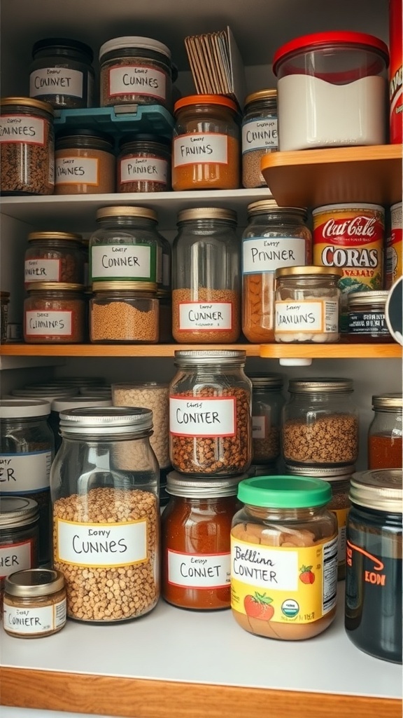 Organized kitchen pantry with labeled jars and containers.