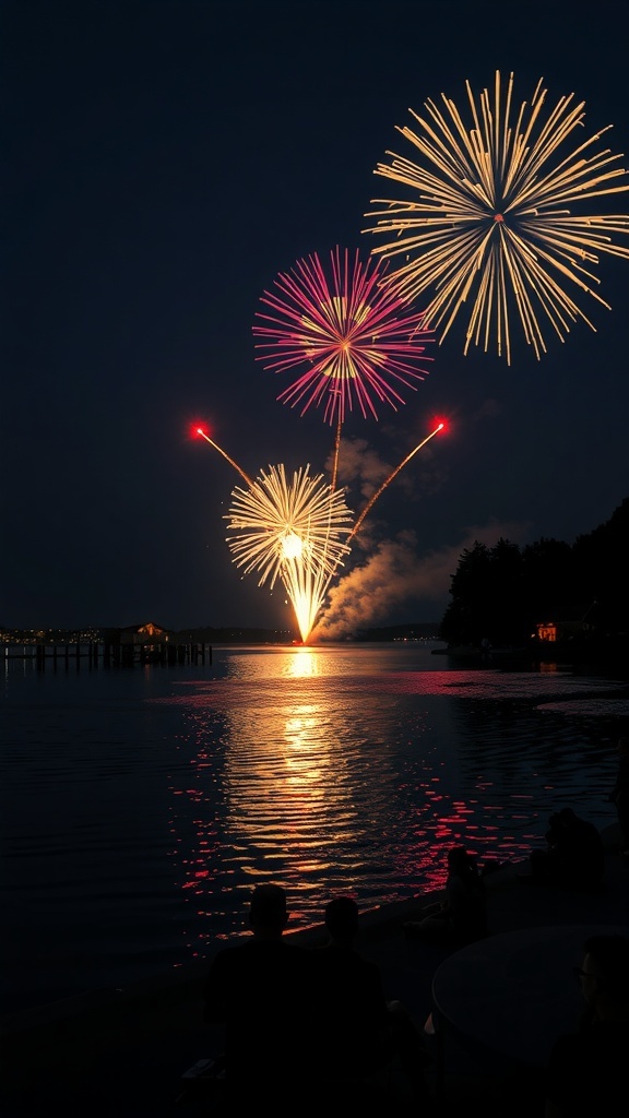 Fireworks display over a lake at night with people watching.
