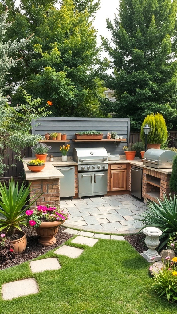A well-designed outdoor kitchen with plants and flowers.