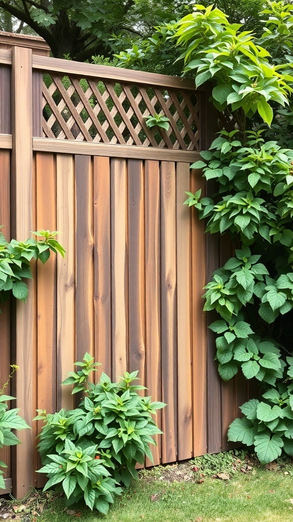 A wooden fence with a lattice top, surrounded by green plants.