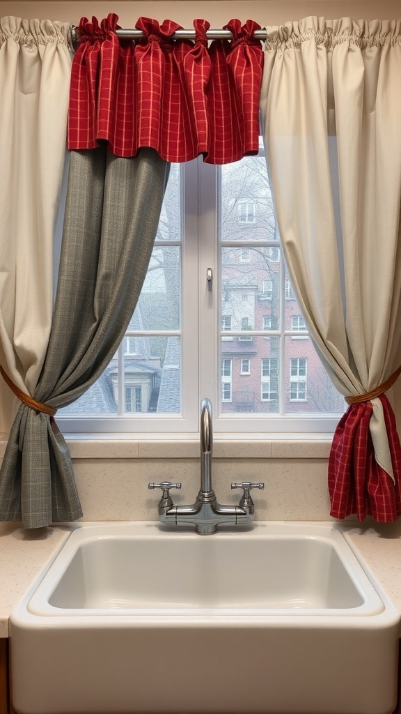 Layered kitchen curtains in red and gray above a sink
