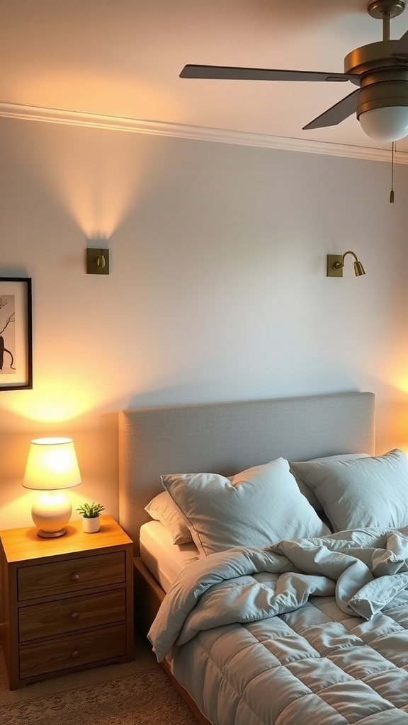A cozy bedroom with layered lighting, featuring a bedside lamp and wall sconces.