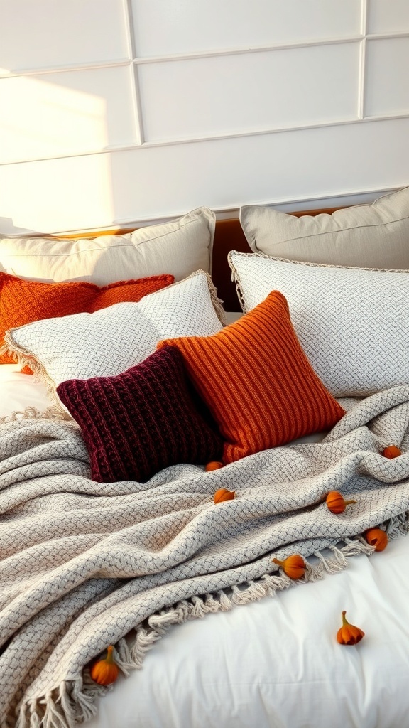 A cozy bed with layered throws and pillows in autumn colors.