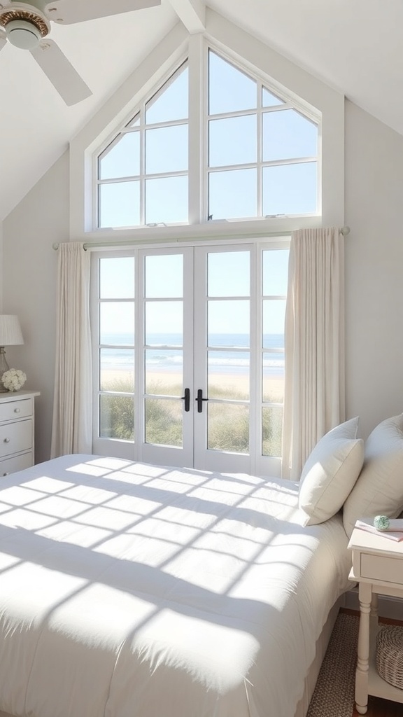 A bright and airy beach house bedroom with large windows and soft bedding.