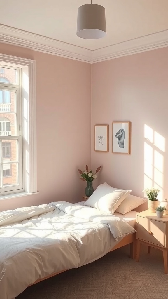 A small bedroom with light pink walls, a bed with white bedding, and natural light coming through the window.