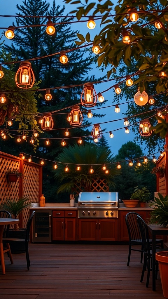 A beautifully lit outdoor kitchen with string lights and lanterns.