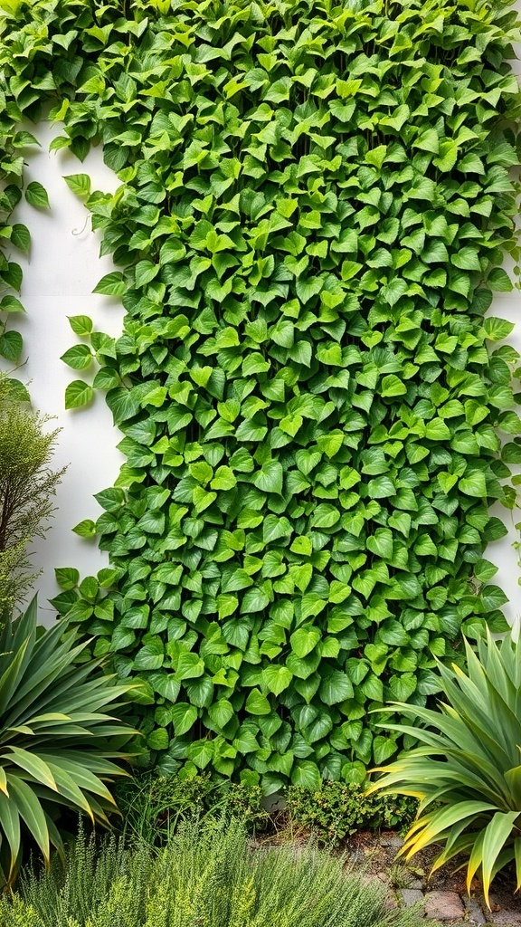 A lush green wall covered in vibrant leaves, surrounded by various plants.