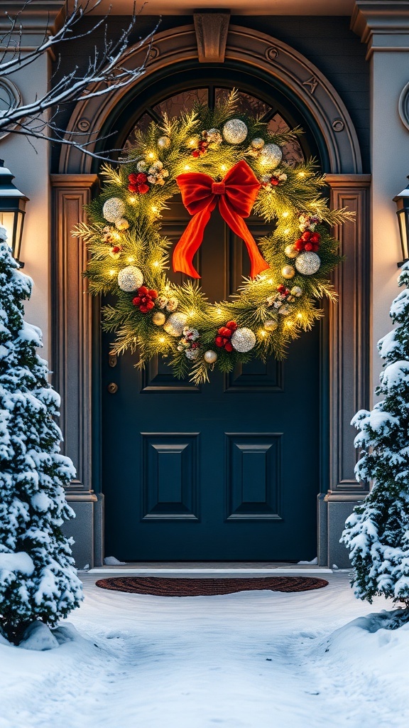A beautifully decorated Christmas wreath with lights and a red bow on a dark front door, surrounded by snow-covered trees.