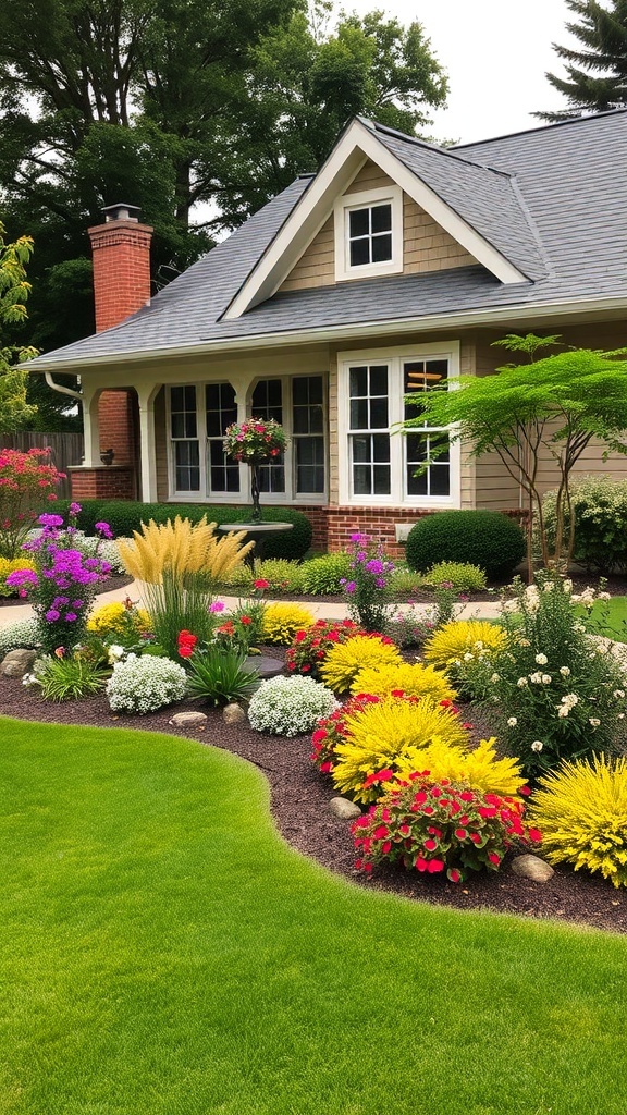 A cozy house exterior with vibrant landscaping featuring colorful flowers and neatly trimmed bushes.