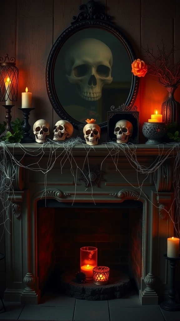 A Halloween mantel display featuring skulls, candles, and cobwebs.
