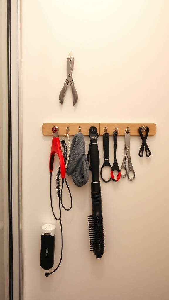 Magnetic strip holding various hair accessories on a wall.