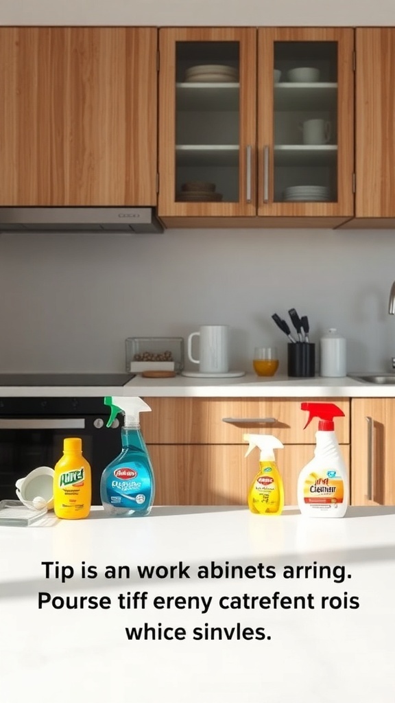 A modern kitchen with wooden cabinets and cleaning supplies on the counter.